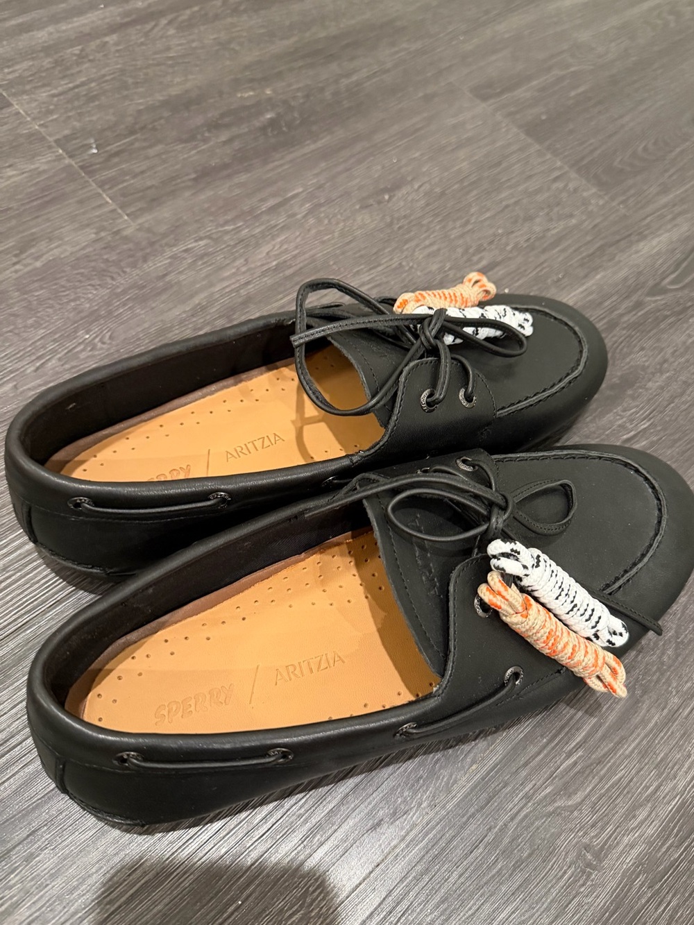 Aritzia Black Leather Boat Shoes with Patterned Accent Laces - NOT FOR SALe - Picture 5 of 8